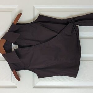 S.L.B. 90's Vintage Classic Collared V-neck Cropped Wrap Tie Tank Top Brown 8P